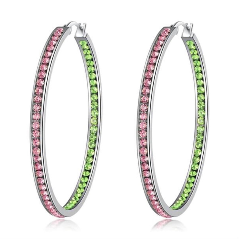 Pink & Green Crystal Stainless Steel Hoop Earrings